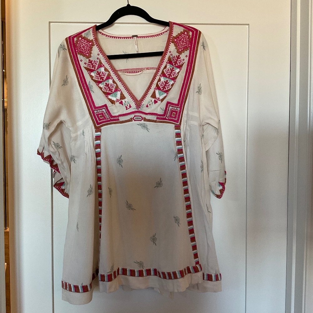 FREE PEOPLE CREAM DRESS WITH BRIGHT PINK, RUST, AND LIGHT BLUE EMBROIDERY